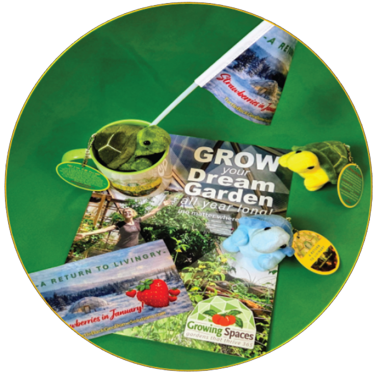 Growing Spaces product collage — Grow Your Dream Garden, Return to Livingry, Strawberries in January, with TB Turtle plush companions