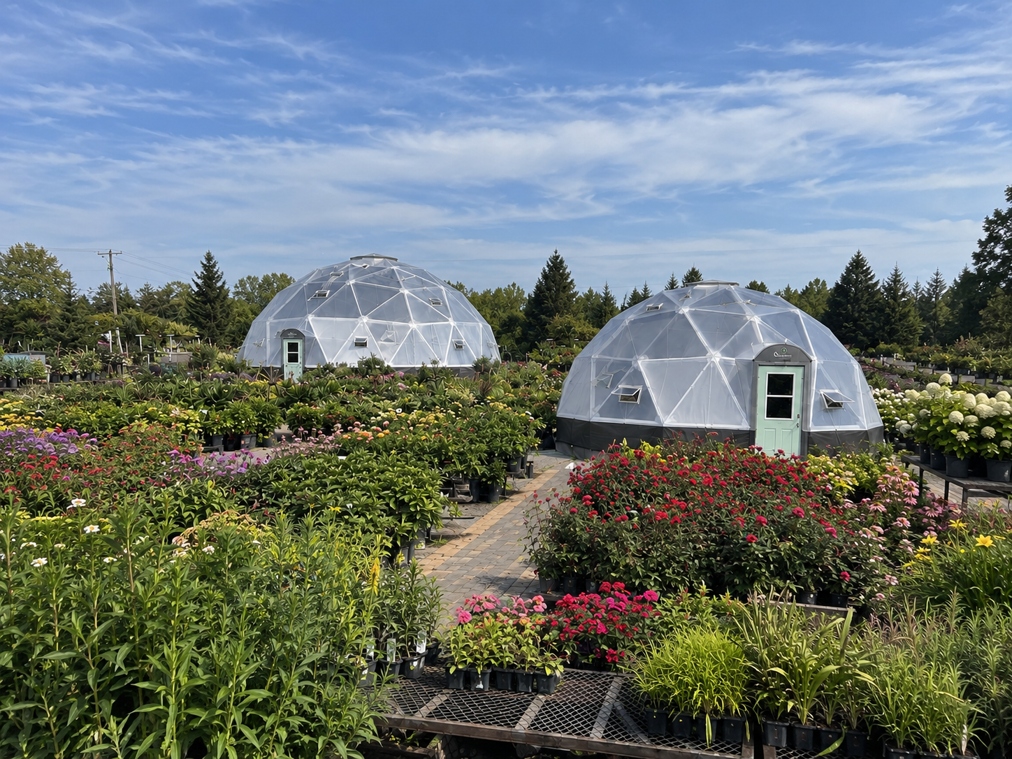 Two Growing Dome greenhouses displayed at a nursery, surrounded by flowering plants and shrubs under a bright blue sky